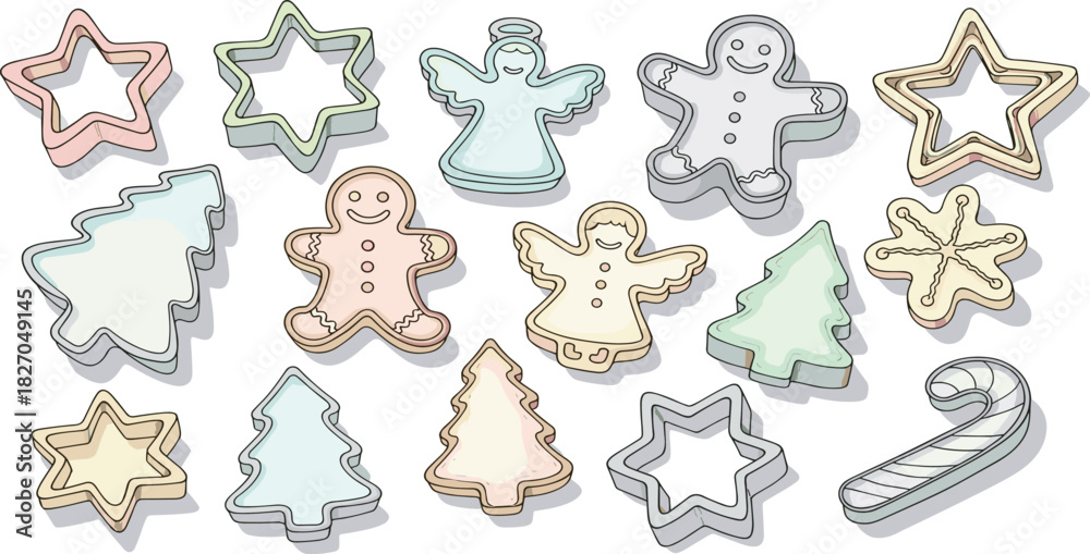Obraz premium Collection of diverse holiday cookie cutters, featuring festive shapes like stars, angels, trees, and gingerbread figures, ideal for seasonal baking and creating delightful homemade treats