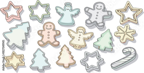 Collection of diverse holiday cookie cutters, featuring festive shapes like stars, angels, trees, and gingerbread figures, ideal for seasonal baking and creating delightful homemade treats