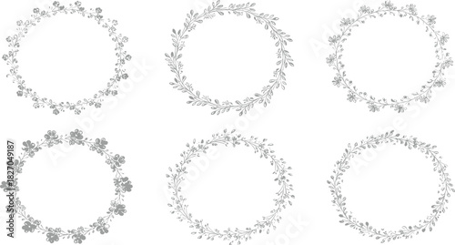 Elegant Floral Wreaths Collection A Set of Six Delicate Botanical Frames for Invitations and Designs