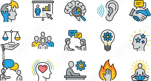 Psychology, Human Mind, and Mental Health Icons Brain, Communication, Idea, Meditation, and Balance Symbols for Therapy and Personal Growth