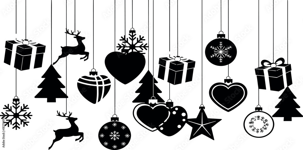 Naklejka premium Hanging Christmas Decorations Gift Boxes, Deer, Ornaments, and More