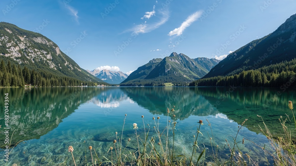Fototapeta premium Mountain lake landscape with reflections of mountains and sky, lush green forest, clear water, and flowering plants in the foreground.