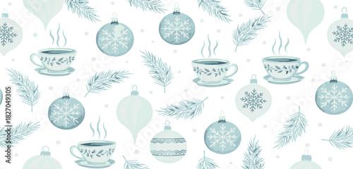 Cozy winter holiday pattern with steaming teacups, sparkling snowflakes, festive Christmas baubles, and frosty pine branches, rendered in soft blue and white for a cheerful seasonal design