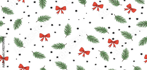 Festive seamless holiday pattern with scattered green pine branches, red bows, and black dots on a white background, perfect for winter seasonal designs and gift wrap