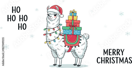 Festive Llama Christmas Card with Gifts and Santa Hat, Whimsical Holiday Greeting