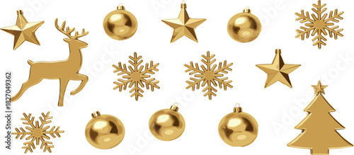 Collection of glistening golden Christmas ornaments reindeer, stars, snowflakes, baubles, and a tree, perfect for festive holiday designs and seasonal decor