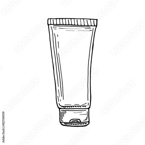 Hand-drawn illustration of cosmetic cream tube Sketch-style drawing of a cosmetic tube, often used for lotion, cream, or skincare products, on a plain white background
