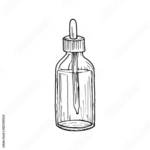 Hand-drawn illustration of glass dropper bottle Black and white sketch of an empty glass dropper bottle with pipette, ideal for medical, cosmetic, or essential oil designs