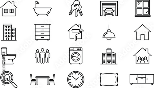 Real Estate, Home, and Interior Outline Iconsb Property, Furniture, Appliances, Housing Search, and Residential Decoration Symbols for Design and Sale