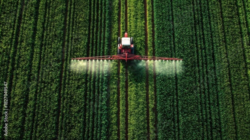 An overhead drone photograph capturing a red tractor applying chemicals to vast rows of crops in a geometric pattern, illustrating efficiency in large-scale agriculture.