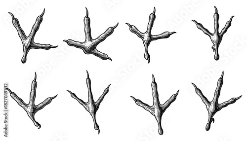 Detailed vintage bird footprints in retro style: eight intricate designs