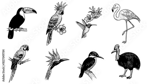 Hand drawn tropical birds collection with flowers in black and white