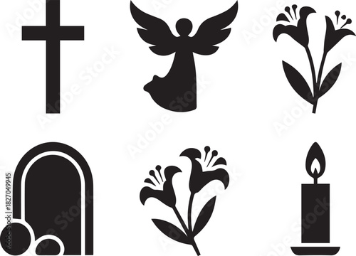 Black silhouette icons of cross angel tomb lily flowers and candle christianity religion