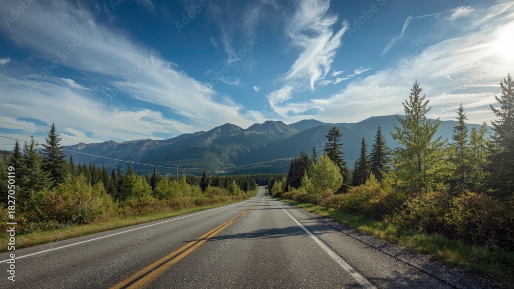 Naklejka premium A scenic mountain road surrounded by trees under a blue sky with clouds. Nature and landscape, travel and adventure, outdoor scenery. The concept of road trip and exploring nature.