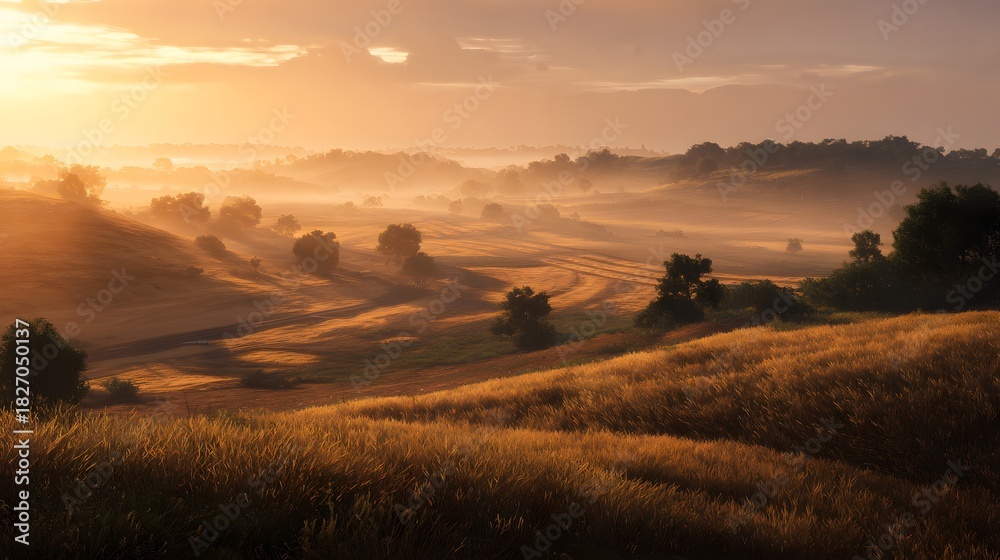 Obraz premium A beautiful race track winds through forests, hills and misty valleys in the morning or evening.