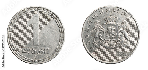 one Georgian lari coin isolated on white background