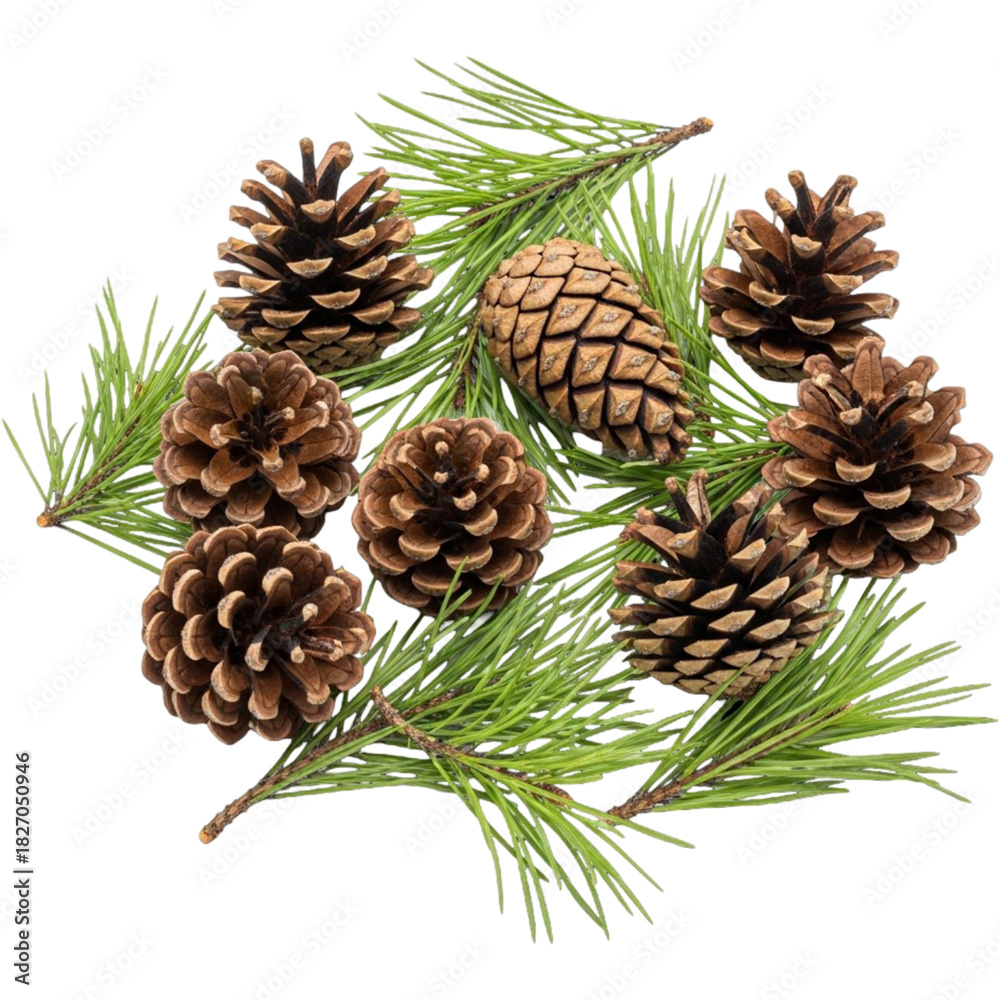 Fototapeta premium Pinecones and Evergreen Branch Festive Holiday Decoration Elements Isolated Pine Cones for on transparent background
