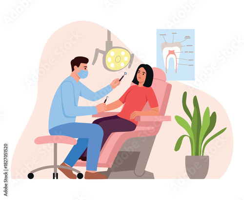 Vector illustration of a dental office. Cartoon scene of a patient sitting in a chair, a dentist holding tools, a dental probe, a mirror, a lamp, a tooth diagram, a flowerpot. Dental treatment.