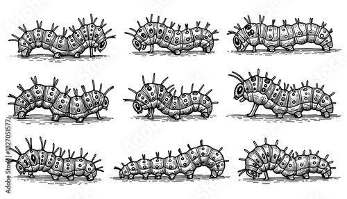 Hand drawn caterpillar collection with unique patterns and textures