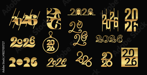 Gold 2026 number logo text design set. Happy New Year digit collection. Vector illustration in flat style