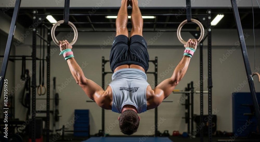 Obraz premium Determined athlete performing an inverted ring exercise at the gym