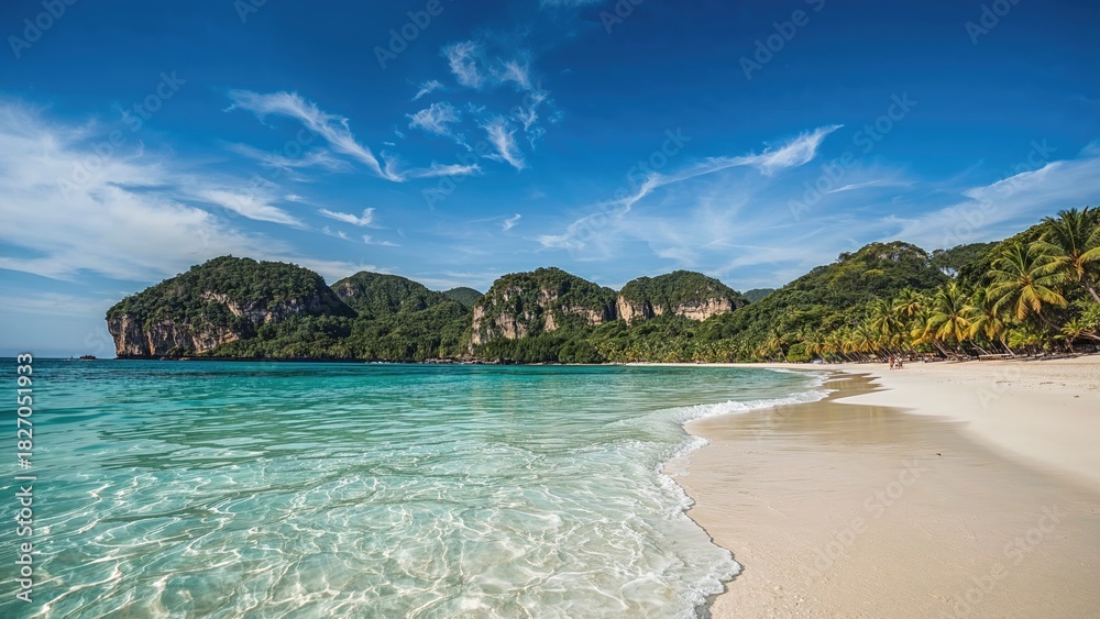 Obraz premium Tropical beach with white sand, turquoise water, lush green hills, and a bright blue sky with clouds.