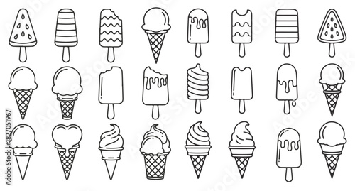 Black and White Outline Ice Cream Dessert Icon Set Popsicles Soft Serve Cones Frozen Treats