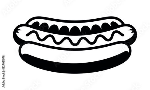 A stylized black and white illustration of a hot dog with mustard.