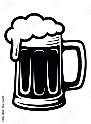 A frosty mug of dark beer with a frothy head overflows slightly.