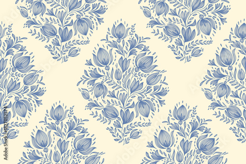 Vintage floral ethnic tapestry modern embroidery texture boho design vector illustration hand drawn silhouette indigo blue flower motif branches leaves wallpaper seamless background border.