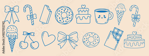 Cute Sweet Treats Dessert Doodles Hand Drawn Blue Line Art Icon Set Doughnuts Cakes Ice Cream Candy
