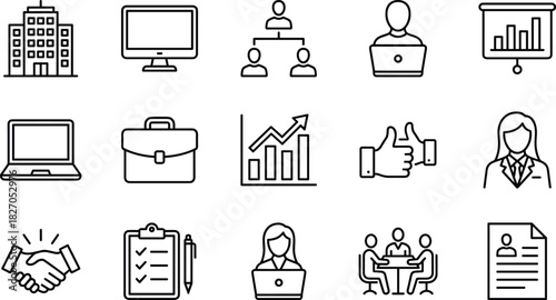 Business, Corporate, and HR Outline Icons Management, Finance, Teamwork, Workplace, and Recruitment Symbols for Company Growth and Success