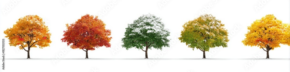 Naklejka premium Vibrant Seasonal Maple Tree: A Stunning Display of Four Seasons on a White Background