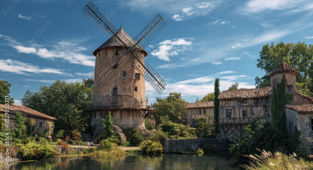 Fototapeta premium Moulin de la Salette: A Medieval Village in Lautrec with Charming Windmill and Half-Timbered Houses by the Church in Tarn