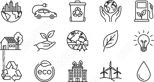 Ecology, Environment, and Green Energy Outline Icons Sustainability, Recycling, Electric Car, Planet Earth, and Nature Conservation Symbols for Eco-Friendly Living