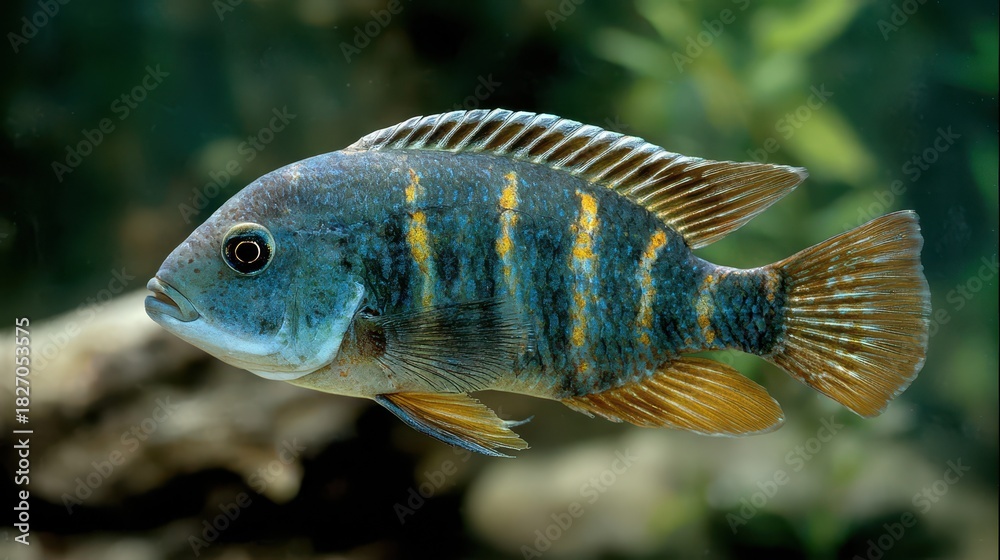 Obraz premium Vibrant Convict Cichlids Swimming in a Lush Aquarium Setting Amidst Natural Freshwater Elements