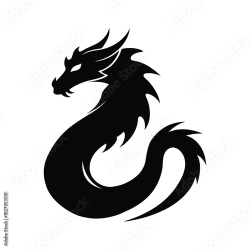 Black S shaped mythical dragon silhouette crafted as a bold fantasy themed logo Vector illustration