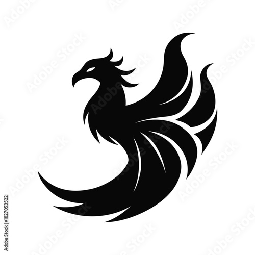 Black stylized flying phoenix bird silhouette logo created for bold mythical branding Vector illustration