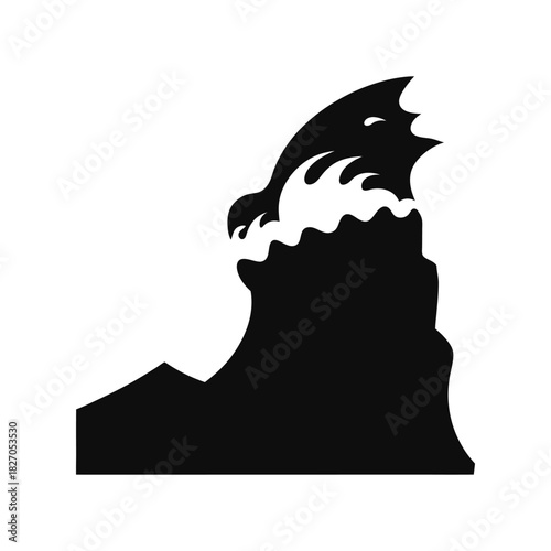 Black stylized ocean wave breaking on rock silhouette in a dramatic nature theme Vector illustration