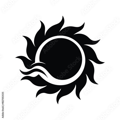 Black stylized sun and wave circle silhouette logo created for summer and travel themes Vector illustration