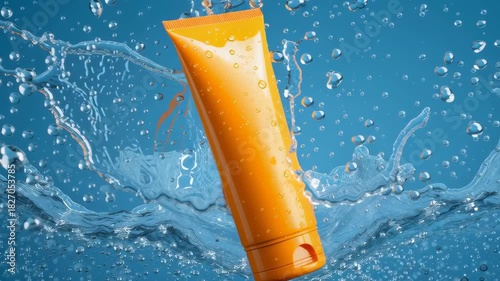 A tube of sunscreen is floating in the water. The tube is orange and the water is blue