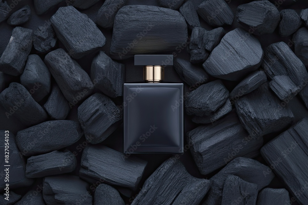 Fototapeta premium Geometric black cologne bottle styled on charcoal backdrop