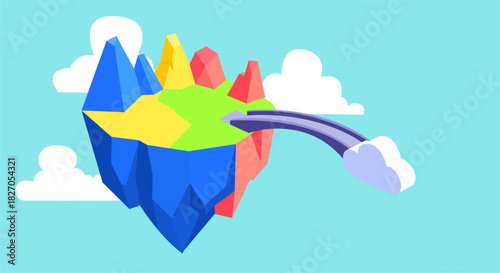 A vibrant, futuristic isometric vector illustration of a low poly floating island or dreamscape. The geometric terrain features sharp, colorful mountains (blue, yellow, red)