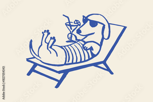 Dachshund on lounger with cocktail sketch vector illustration