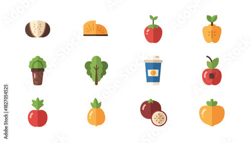 Collection of stylized, flat-design illustrations featuring various fruits, vegetables, and a beverage.