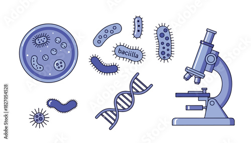 Illustration of various microorganisms including bacteria in a petri dish, individual bacteria, DNA strand, and a microscope.