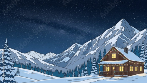 Stunning winter cabin nestled in snow-covered mountains under starry night sky, decorated with festive Christmas lights, creating a cozy holiday mood for winter season