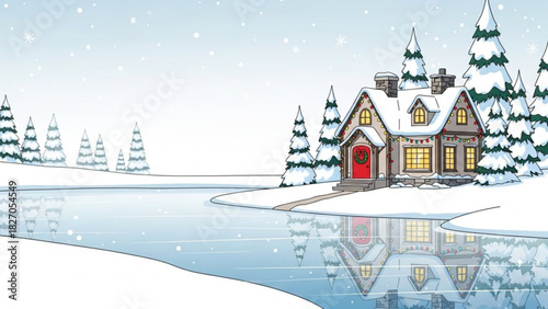 Charming winter cottage scene, festive lights twinkling on snow-covered house reflected in ice, inviting holiday spirit for seasonal greetings and warm wishes