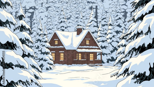 Cozy cabin nestled in a winter wonderland, snow-covered trees and peaceful setting create a charming holiday scene, perfect for seasonal designs