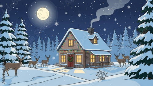 Cozy snow covered cabin in winter wonderland with deer under the moonlight, celebrate the magic of the season with this charming holiday scene